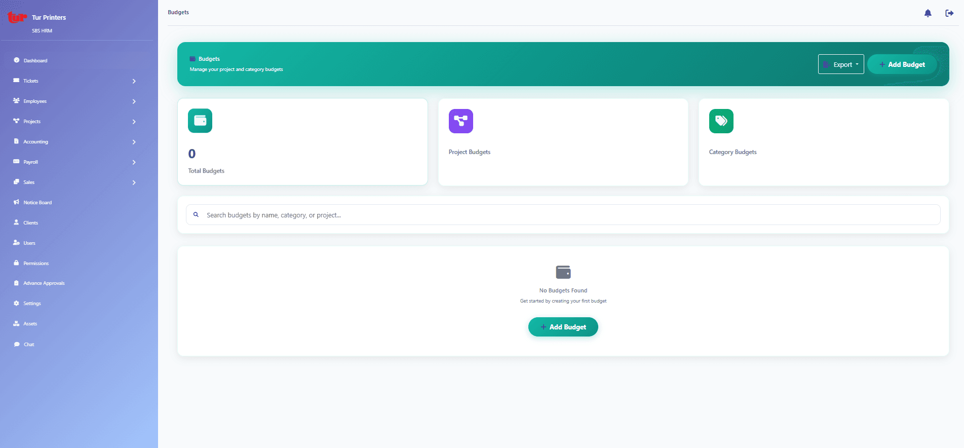 Budget categories screen for grouping budget lines