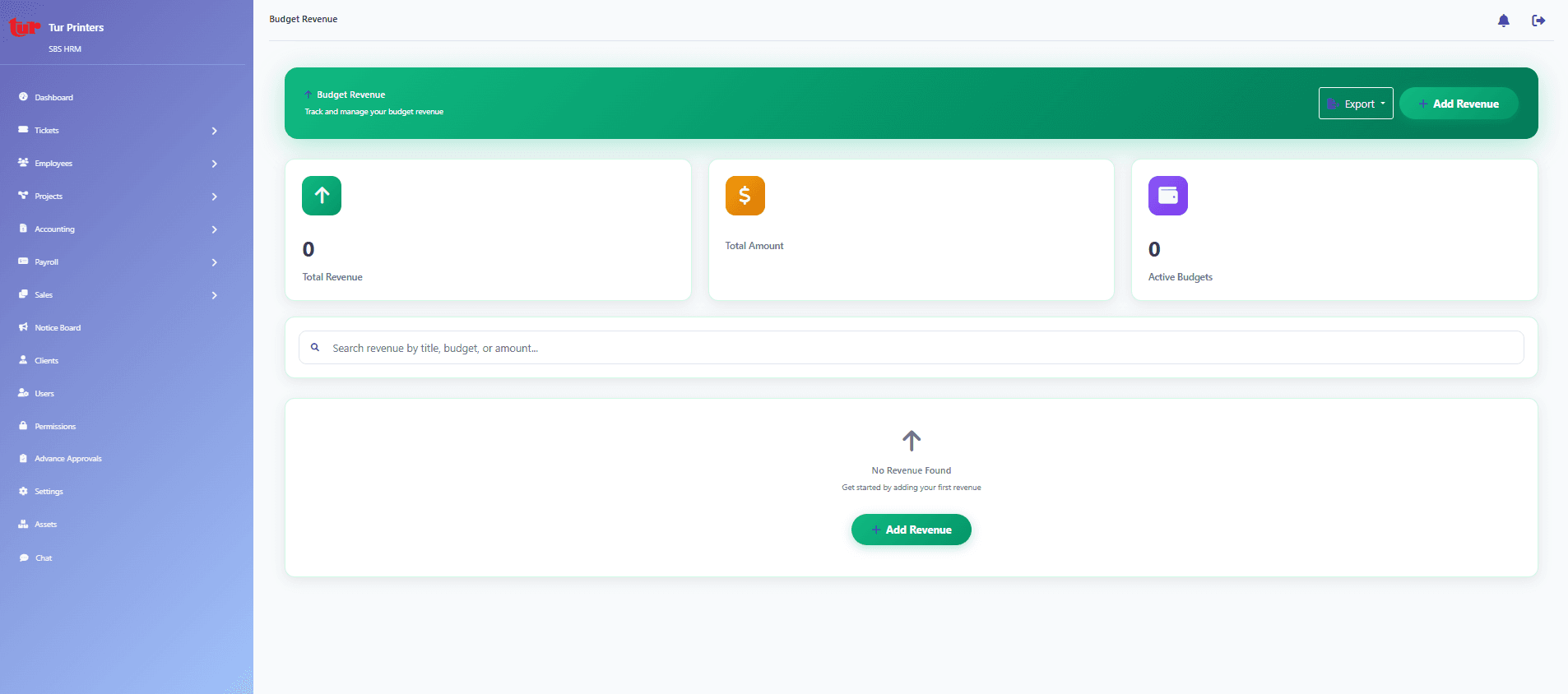 Budget revenue screen for revenue categories and budget lines