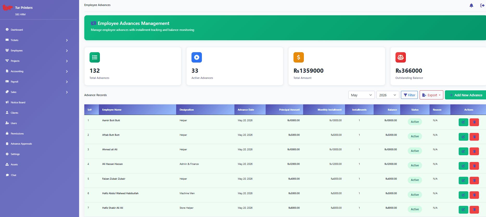HR advances screen for reviewing employee advance requests
