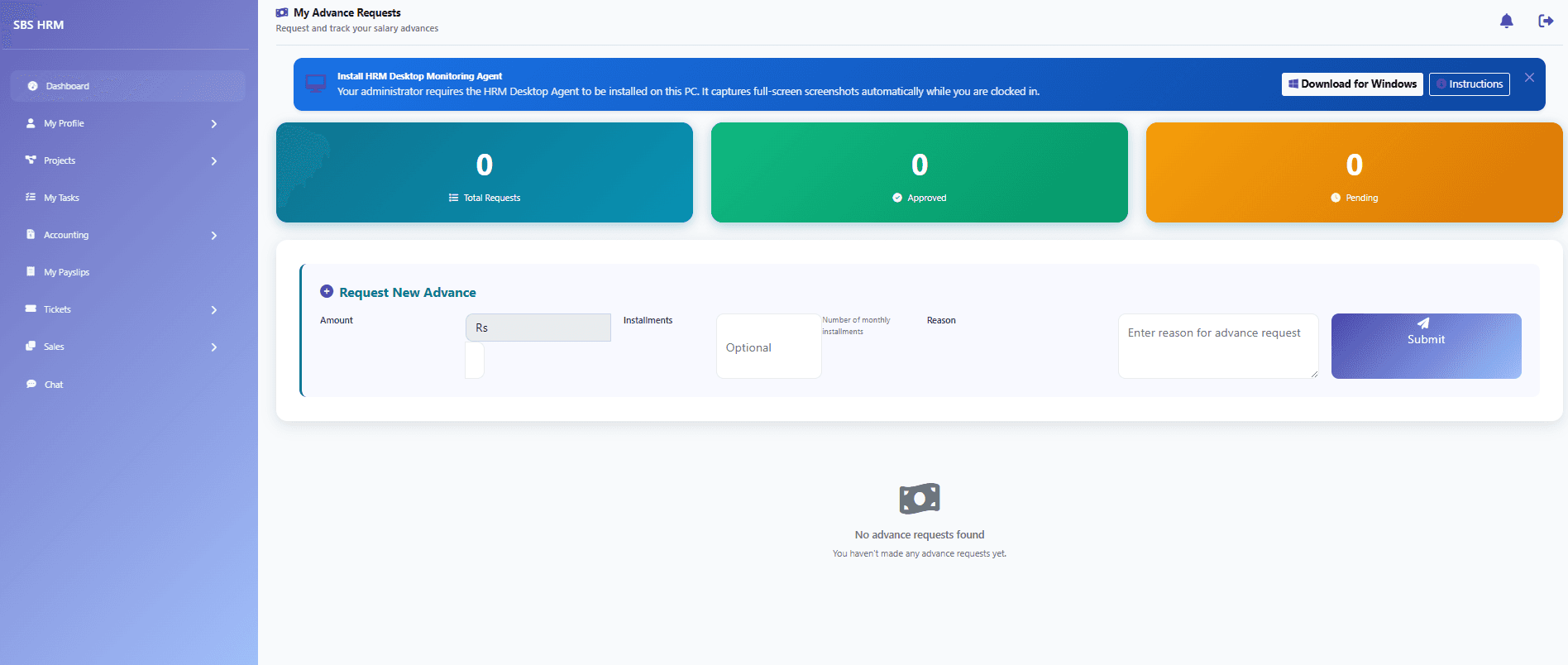 My advances screen showing an employee’s advance request history