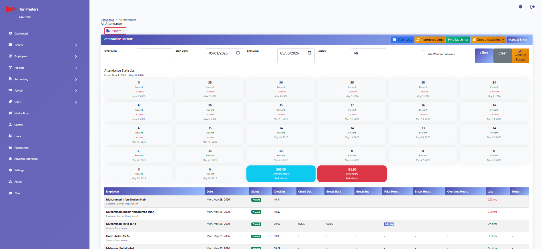 Attendance logs screen listing clock records from devices