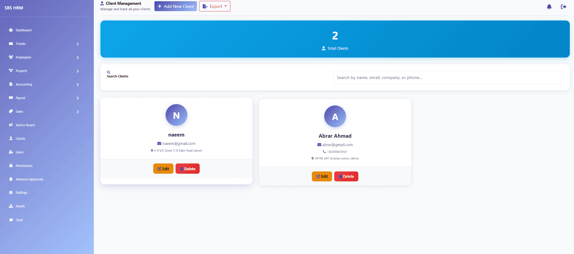 Clients screen listing client accounts and contacts