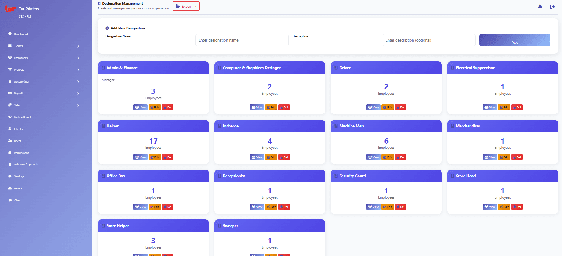 Designations screen listing job titles and grades