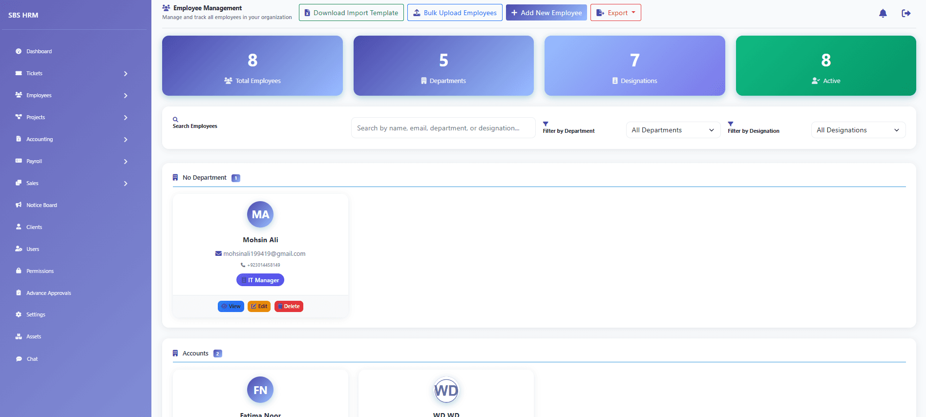 Bulk employee import screen for uploading a spreadsheet of employee records