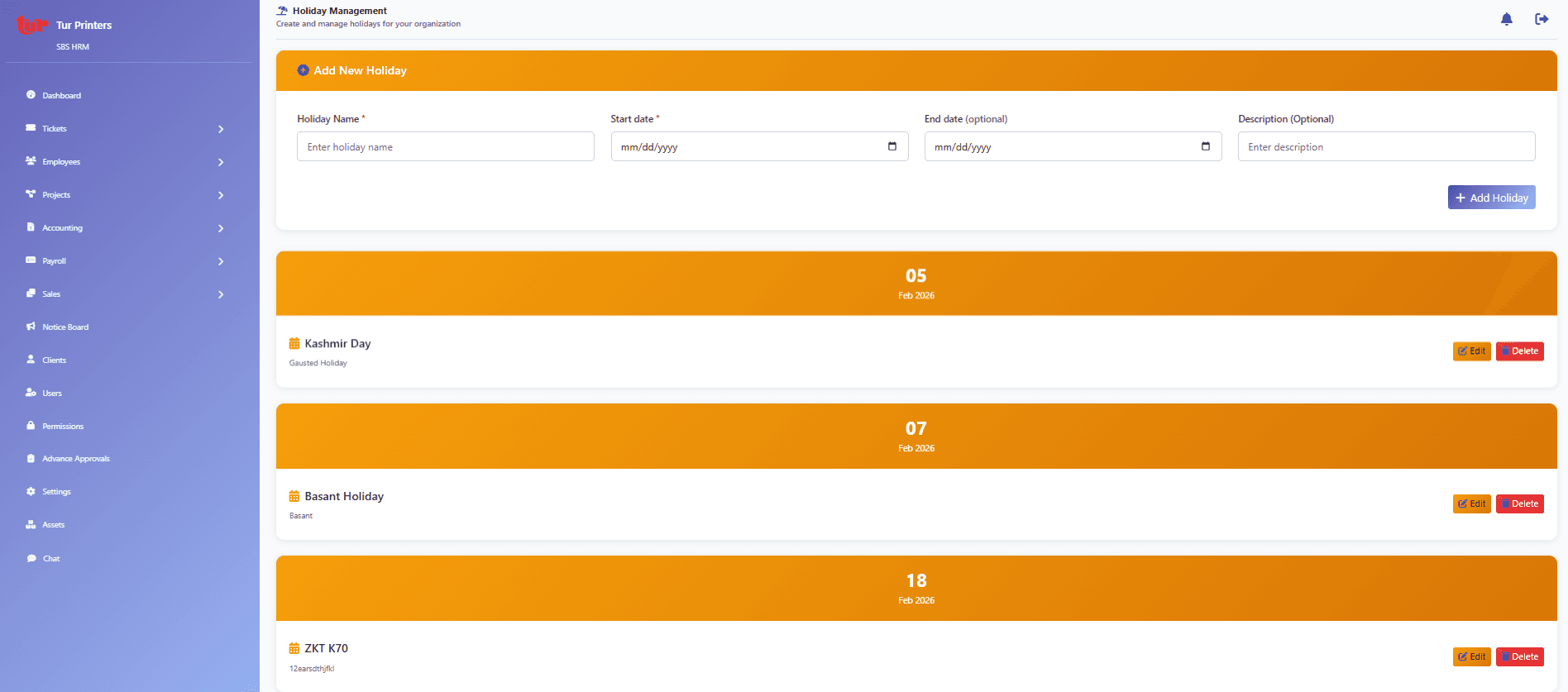 Holiday management screen for company calendar dates