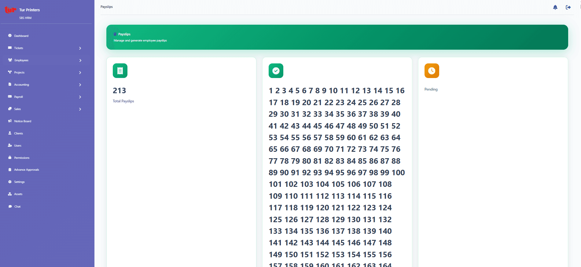 Payslips screen for generating and reviewing employee payslips