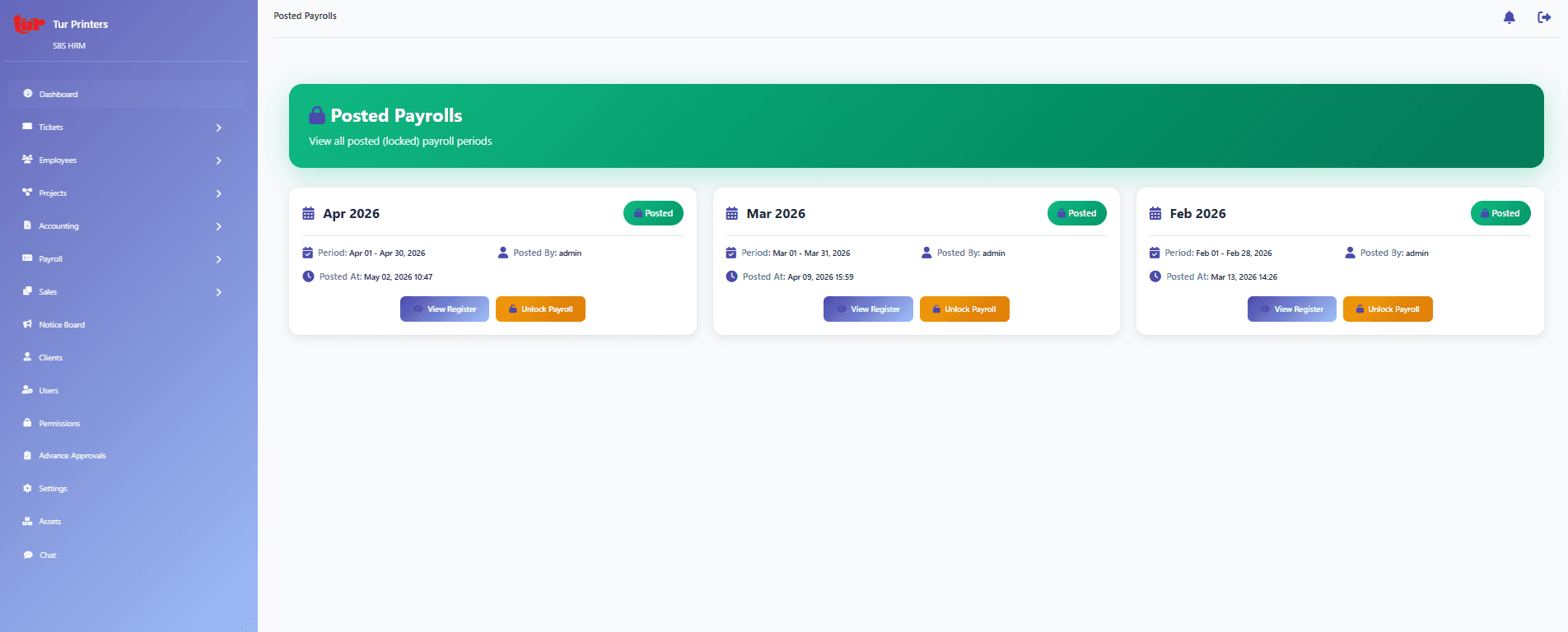 Posted payroll screen showing locked payroll periods