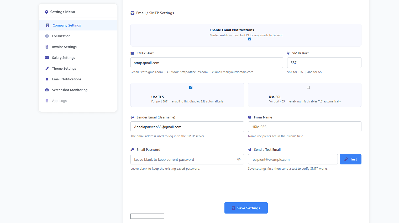 Email notifications settings for outbound HRM messages