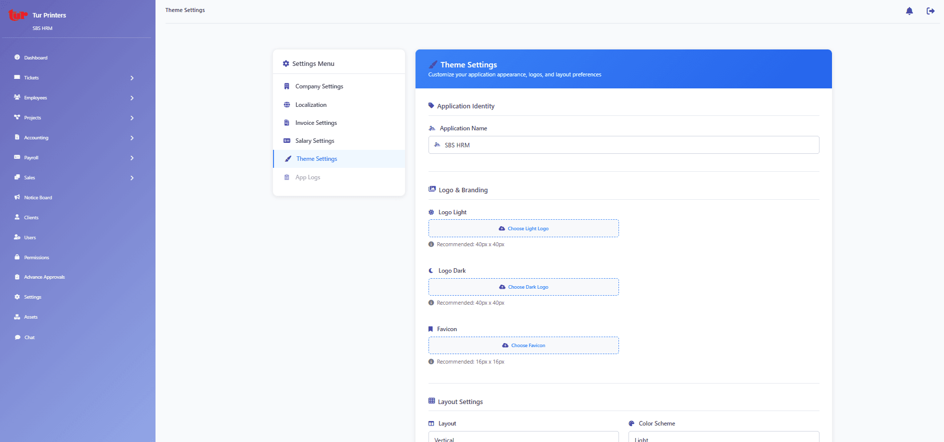 Theme settings for branding and interface colours