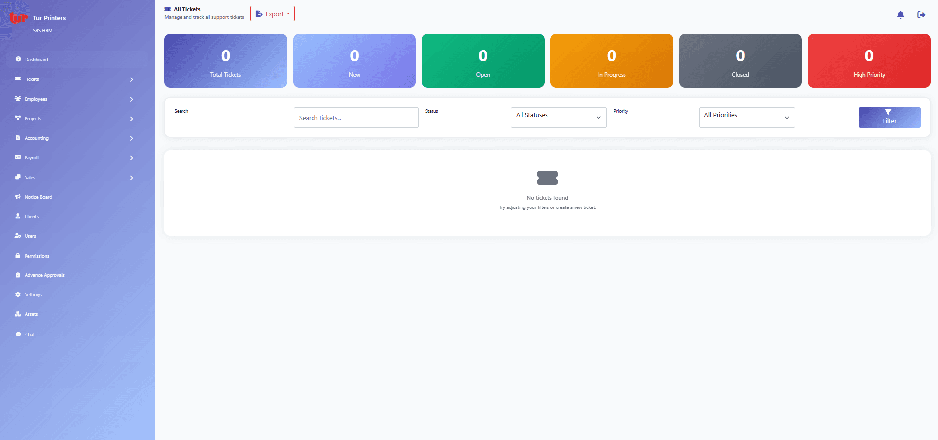 Helpdesk queue showing all support tickets