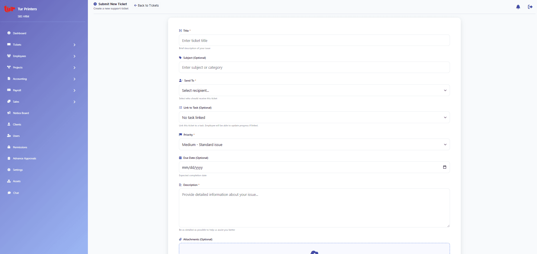Submit ticket form for raising a new helpdesk request