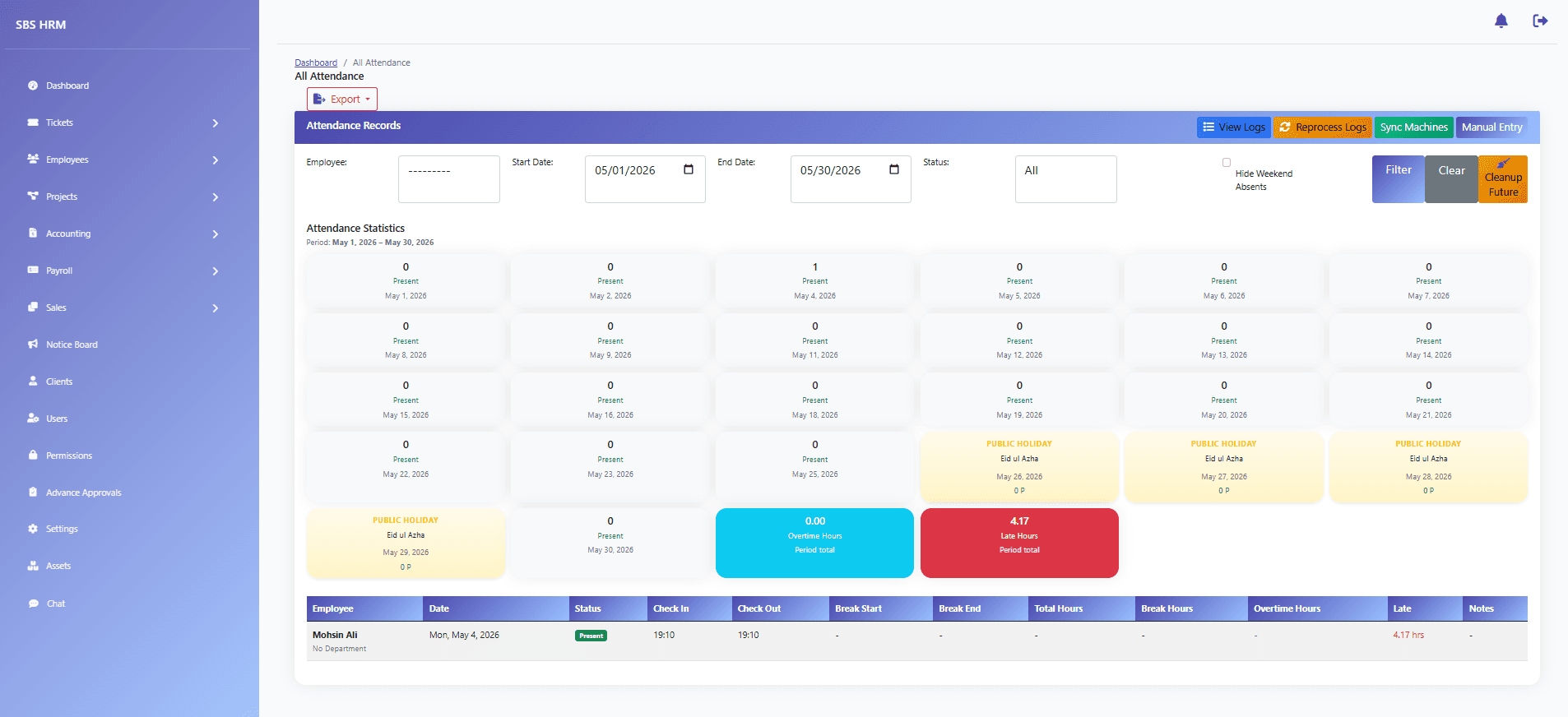 Company attendance view used for shift-based manufacturing teams in SBS HRM