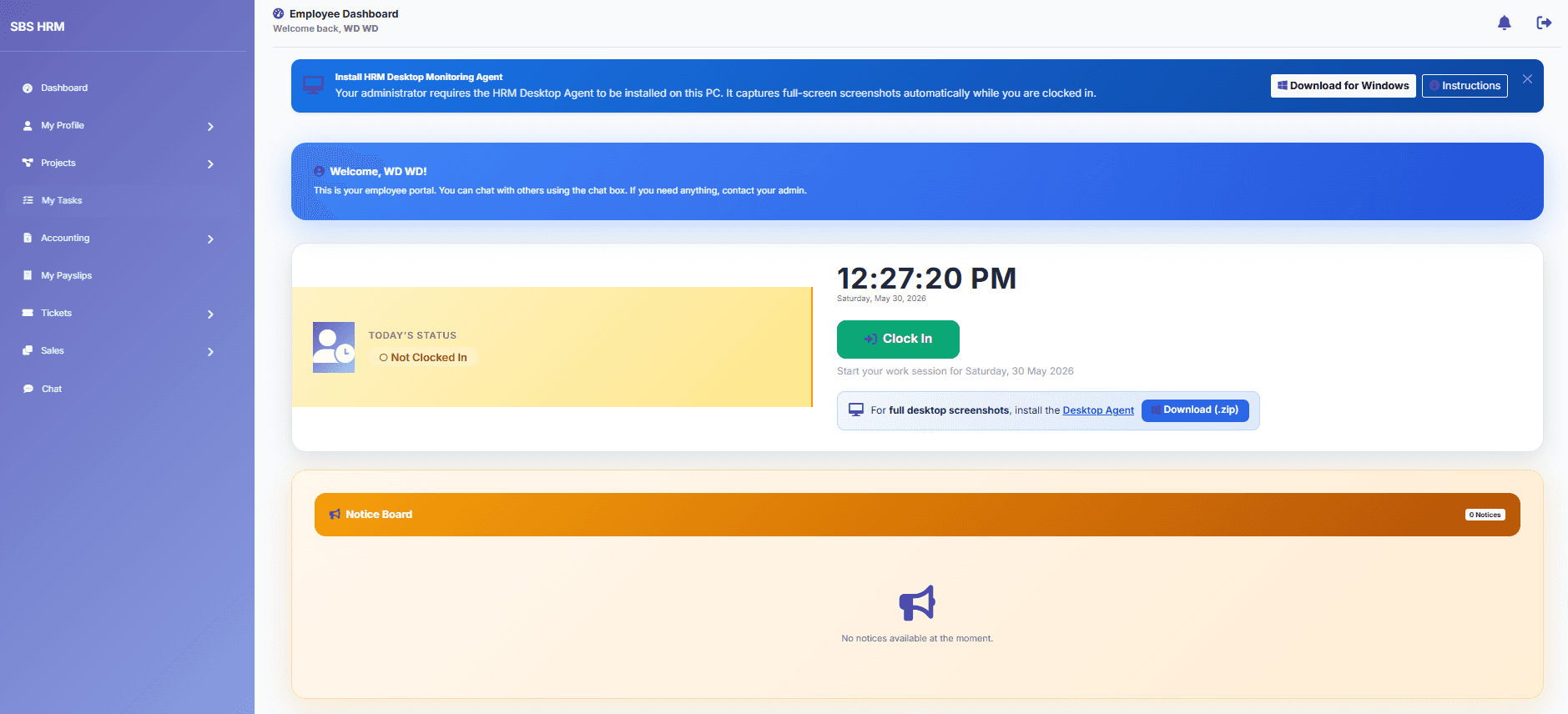 Employee self-service dashboard in SBS HRM — payslips, leave, and requests