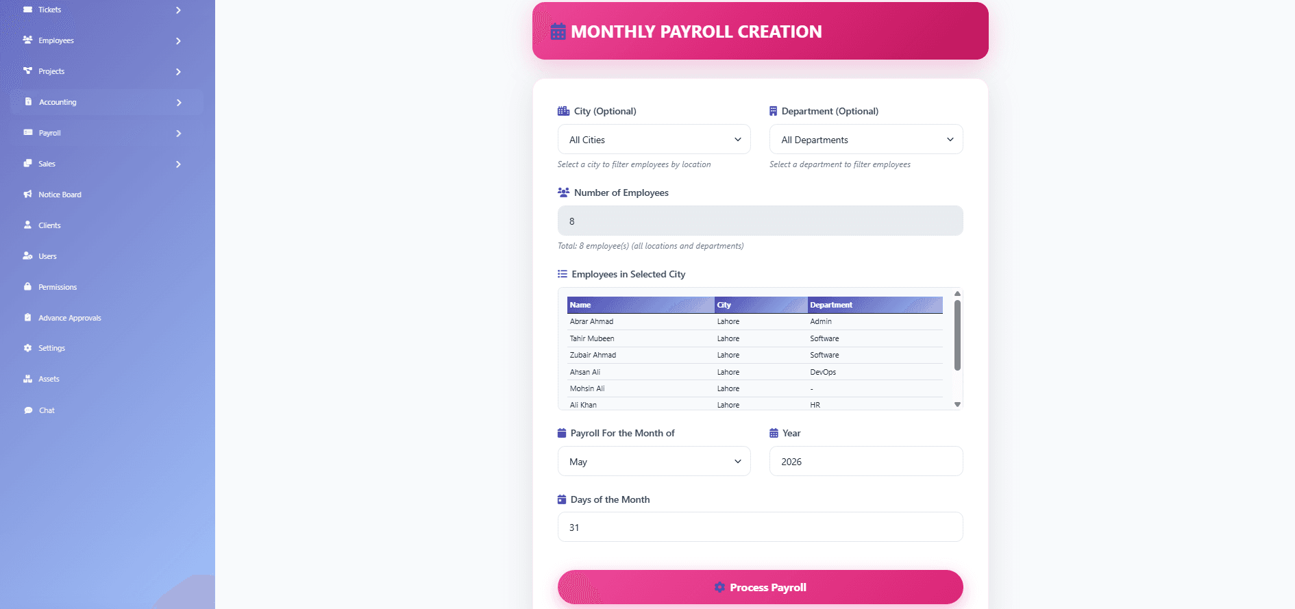 Monthly payroll processing workspace in SBS HRM — payroll software Pakistan with register and period controls