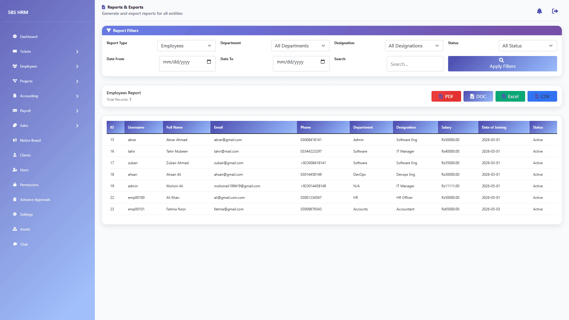 HR analytics and reporting dashboard in SBS HRM software