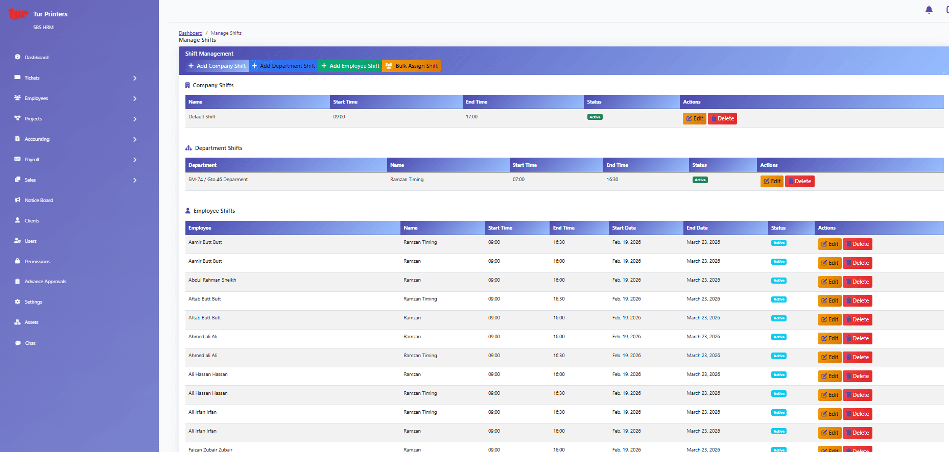 Shift patterns and roster administration in SBS HRM — shift management software